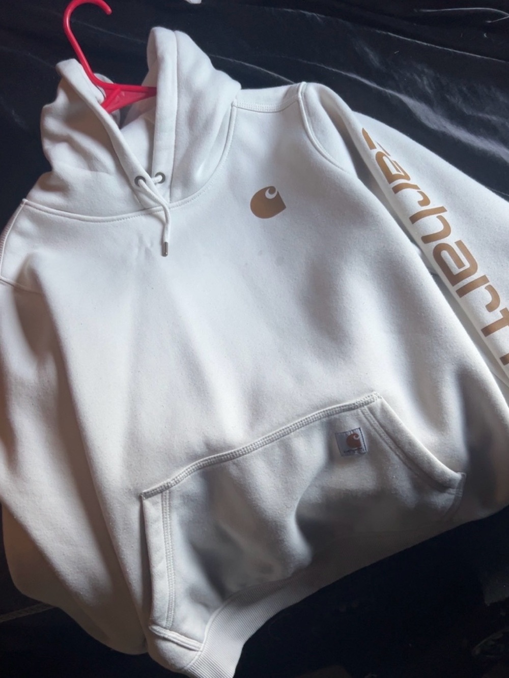 Carhartt Cream Hoodie with Gold Logo and Sleeve Script